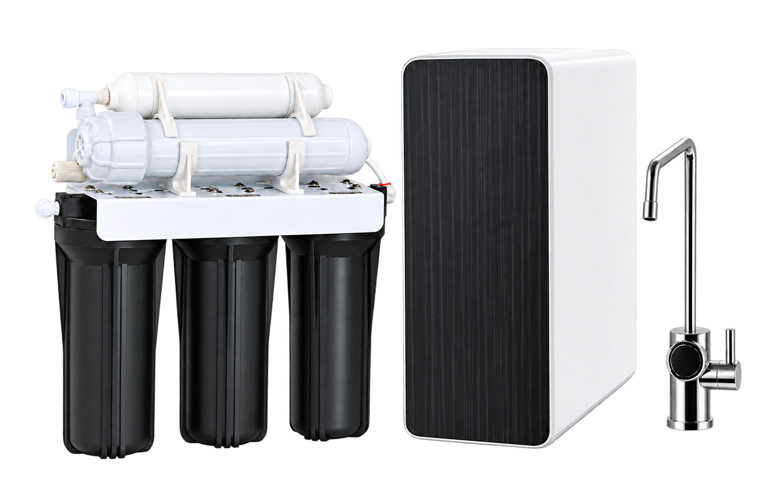 Tank and tankless reverse osmosis systems displayed together